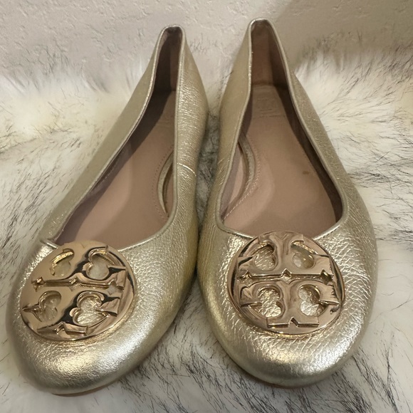 Gorgeous Tory Burch gold metallic tumbled leather Claire ballet flats SZ 7 1/2" - Picture 2 of 7